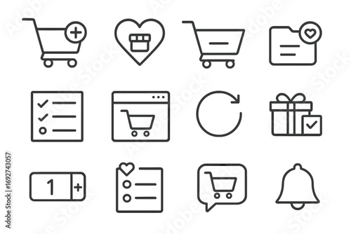 Shopping Icons Collection. Line style icons of cart and wishlist management: add to cart button, heart with product icon, remove