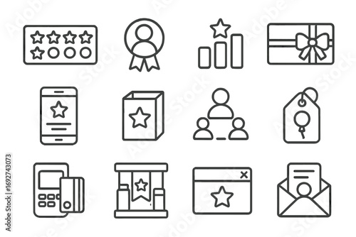 Retail Loyalty Icons. Line style icons of retail loyalty programs: punch card with stars, member badge icon, reward points chart,