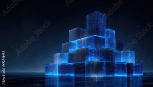 Abstract digital pyramid of glowing cubes on a dark background
