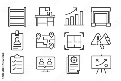 Fulfillment Operations Icons. Line style icons of scalable fulfillment operations: modular shelving icon, extra packing station,