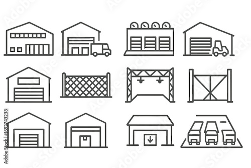 Warehouse Icons Collection. Line style icons of warehouse buildings: large industrial building icon, warehouse with loading dock,