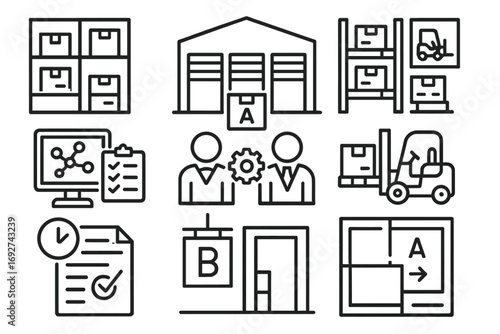 Warehouse Icon Design. Line style icons of multi-tenant warehouses: partitioned storage layout, shared dock access, tenant logo on