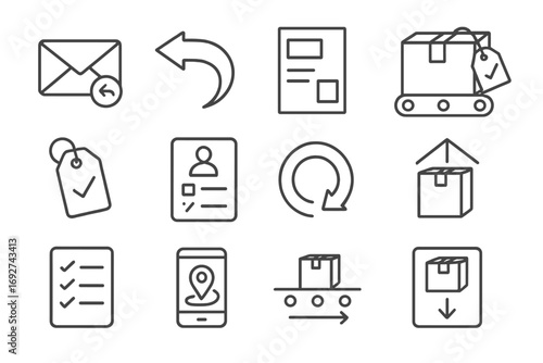 Shipping Return Icons. Line style icons of shipping returns: return to sender icon, reverse shipping arrow, return label printout,
