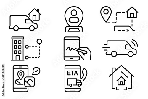 Last Mile Shipping Icons. Line style icons of last mile shipping: delivery van with home icon, parcel at doorstep, customer