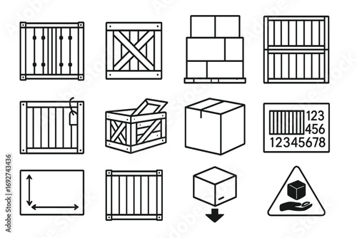 Container and Crate Icons. Line style icons of shipping containers and crates: metal shipping container icon, wooden crate symbol,