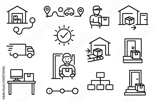 Warehouse to Door Icons. Line style icons of warehouse-to-door shipping: store to door route map, shipping path with steps,