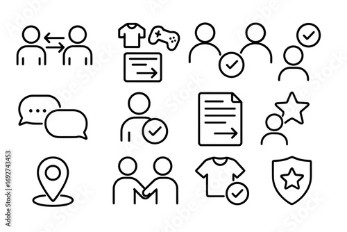 Peer Exchange Icons. Line style icons of peer-to-peer exchanges: user-to-user arrow, marketplace item exchange, confirmation badge