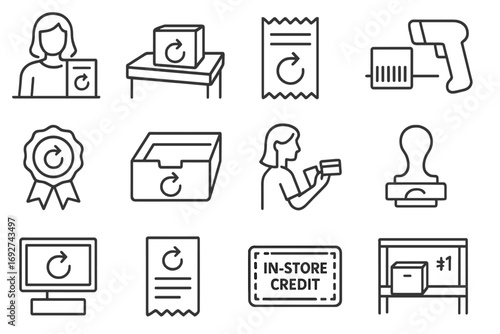 In-Store Refund Icons. Line style icons of in-store refund process: cashier with refund form, item return desk, refund receipt