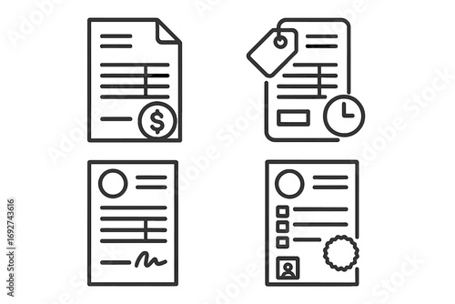 Invoice Line Icons. Line style icons of basic invoices: invoice document with total, itemized charges list, invoice number tag,