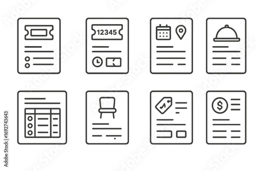 Event Invoice Icons. Line style icons of invoices for events and bookings: event invoice icon, ticket number on invoice, venue and