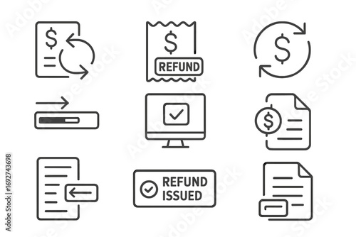 Refund Transaction Icons. Line style icons of refund transactions: refund arrows on transaction, refund receipt with stamp,