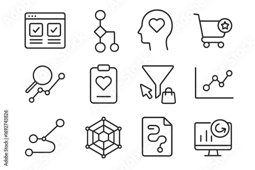 Buyer Behavior Icons. Line style icons of buyer behavior in purchases: product comparison screen, decision-making flowchart, buyer