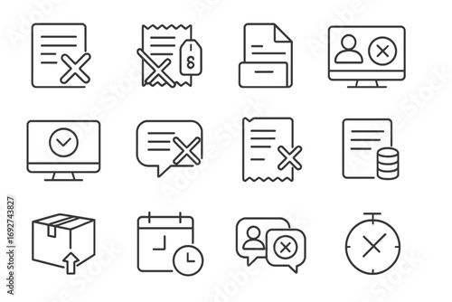 Order Cancellation Icons. Line style icons of cancelled orders: order cancelled icon, red cross over order slip, refund initiated