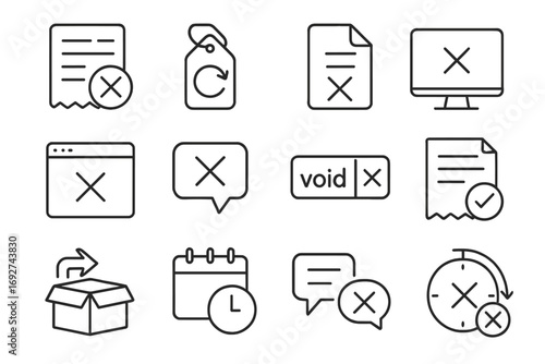 Order Cancellation Icons. Line style icons of cancelled orders: order cancelled icon, red cross over order slip, refund initiated