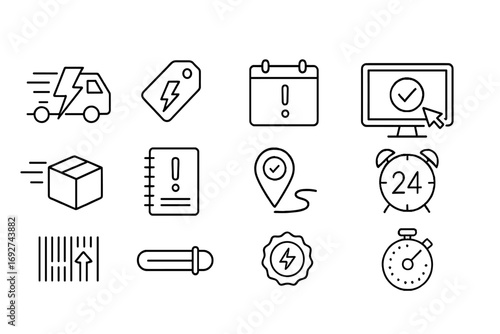 Express Shipping Icons. Line style icons of express orders: lightning fast shipping icon, priority order tag, next-day delivery