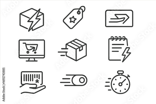 Express Shipping Icons. Line style icons of express orders: lightning fast shipping icon, priority order tag, next-day delivery