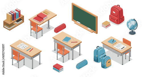 Isometric classroom essentials: desks, chairs, and supplies for education design