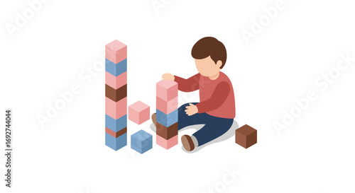 Child playing with colorful building blocks in isometric design on white background