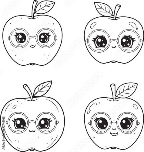 Four cute cartoon apple characters with big eyes silhouette
