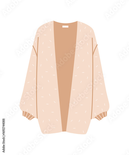A simple beige cardigan with a loose fit. The cardigan is highlighted on a white background. The design is minimalist and suitable for everyday wear. Vector illustration.