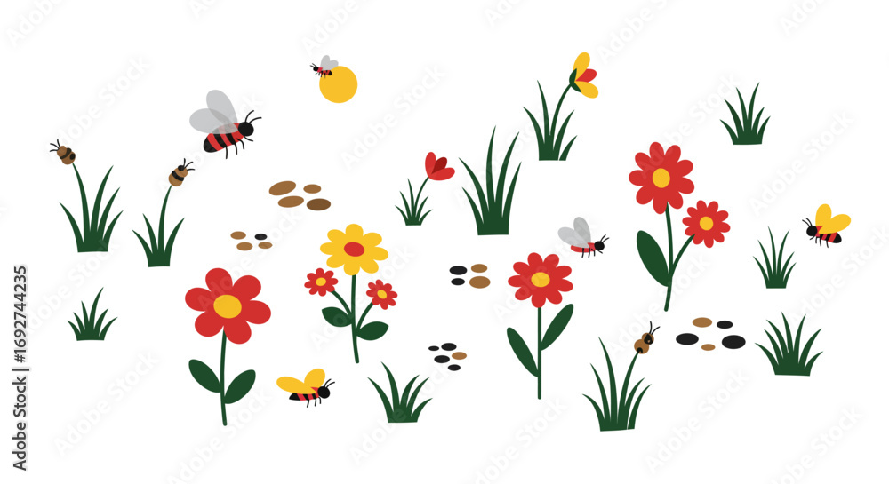 custom made wallpaper toronto digitalColorful garden with flowers and bees in a minimalist style
