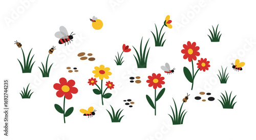 Wallpaper Mural Colorful garden with flowers and bees in a minimalist style Torontodigital.ca
