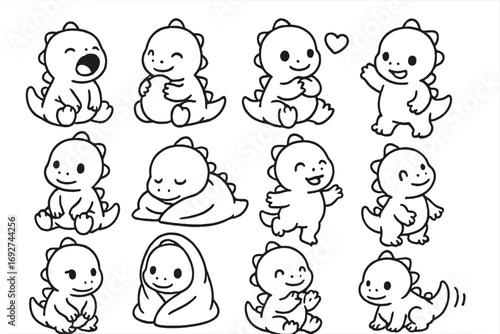 Cute Dino Icons. Line style icons of baby dinosaurs and gestures: yawning dino, hugging egg, dino with heart, dino waving; sitting