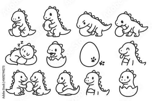 Dino and Egg Icons. Line style icons of dino and egg interactions: sitting on egg, carrying egg, protecting egg, rolling egg;