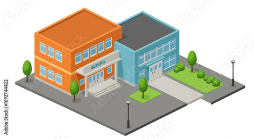Isometric school building with playground and trees on a sunny day