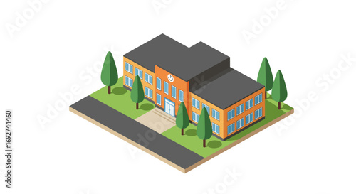 Isometric school building with trees and pathway on white background