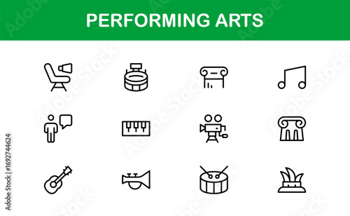Performing Arts Professional Line Icon Set – Modern Minimal Vector Collection for Theater, Dance, and Music