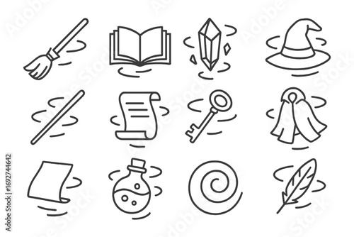 Flying Magical Icons. Line style icons of flying magical items: broomstick, levitating book, floating crystal, soaring hat;