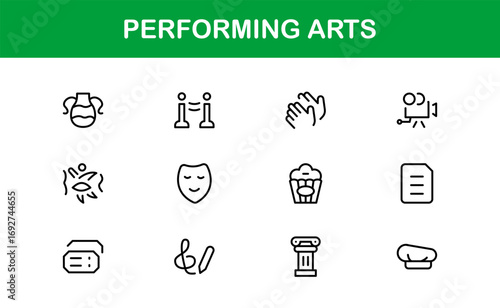 Performing Arts Professional Line Icon Set – Modern Minimal Vector Collection for Theater, Dance, and Music
