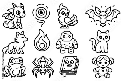 Magical Creature Icons. Line style icons of magical creatures and companions: small dragon, floating eyeball, mini phoenix,