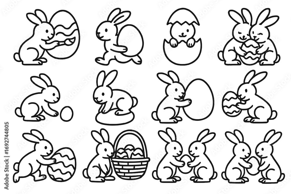 Bunny-Egg Line Art. Line style icons of bunny and egg interactions: bunny painting egg, bunny carrying egg, bunny in egg shell, Bunny-Egg Line Art. Line style icons of bunny and egg interactions: bunny painting egg, bunny carrying egg, bunny in egg shell,