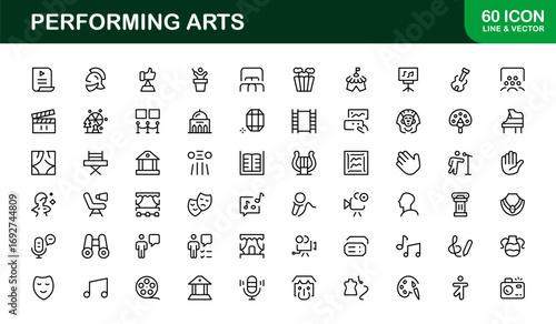 Performing Arts Professional Line Icon Set – Modern Minimal Vector Collection for Theater, Dance, and Music