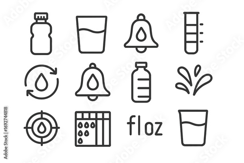 Hydration Icons Set. Line style icons of hydration and water intake: water bottle, glass of water, droplet icon, water tracker;
