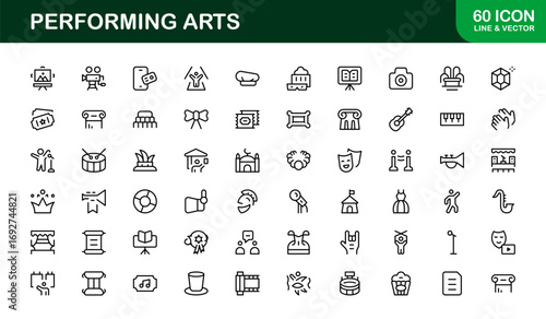 Performing Arts Professional Line Icon Set – Modern Minimal Vector Collection for Theater, Dance, and Music