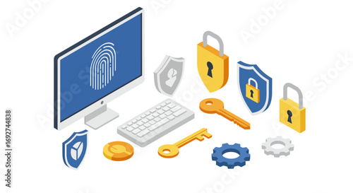Isometric digital security concept with locks, keys, and computer screen