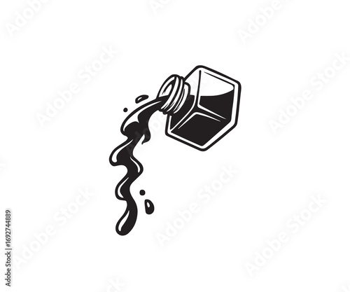 Black and white illustration of ink spilling from a bottle Keywords: ink, spill, bottle, liquid, drop, splash, black, white, illustration, graphic, design, symbol, icon, object, isolated, white
