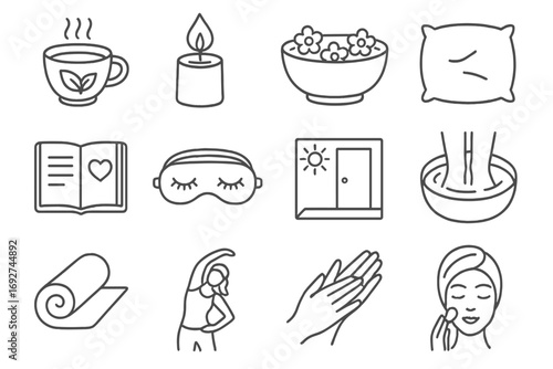 Self-Care Icon Set. Line style icons of self-care and wellness: herbal tea, candle flame, flower bath, comfy pillow; wellness