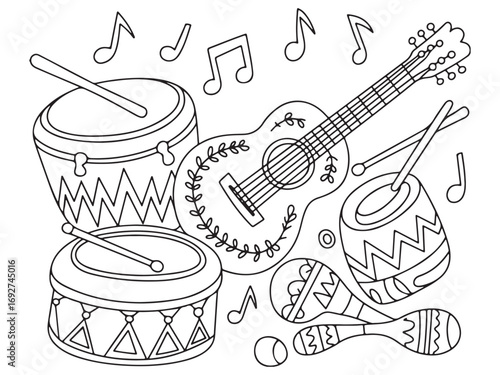 Lively Music Instruments: Guitar, Drums, and Maracas with Musical Notes