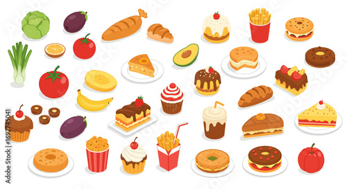 Isometric food collection featuring desserts and snacks with fresh fruits and vegetables