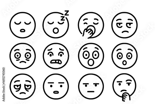 Expression Line Icons. Line style icons of face mood variations: sleepy face, snoring face, yawning face, bored face; confused