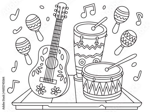 Artistic Music Instruments: Acoustic Guitar, Drums, and Maracas Illustration
