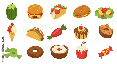 Colorful flat food icons including burger, ice cream, and tacos