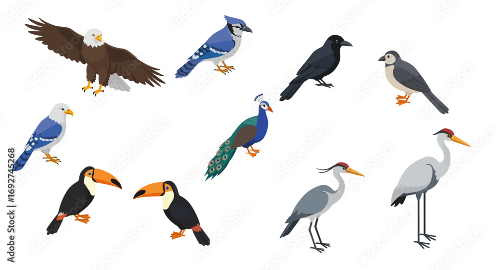 Obraz premium Diverse birds collection in colorful cartoon style for nature and wildlife enthusiasts