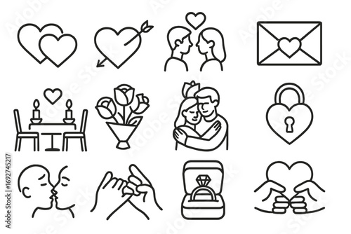 Romantic Line Icons. Line style icons of romantic symbols: intertwined hearts, heart with arrow, couple in love, love letter;