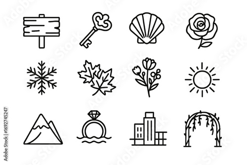 Wedding Theme Icons. Line style icons of themed wedding details: rustic wooden sign, vintage key favor, beach shell icon, garden