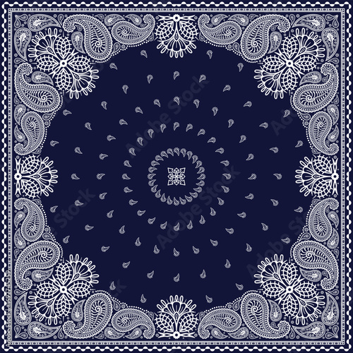 Bandana paisley square ethnic floral hand drawn pattern.Ornament classic vintage vector elements white on navy blue background.Design for scarf,headscarf,kerchief,tablecloth,print fabric,decoration.